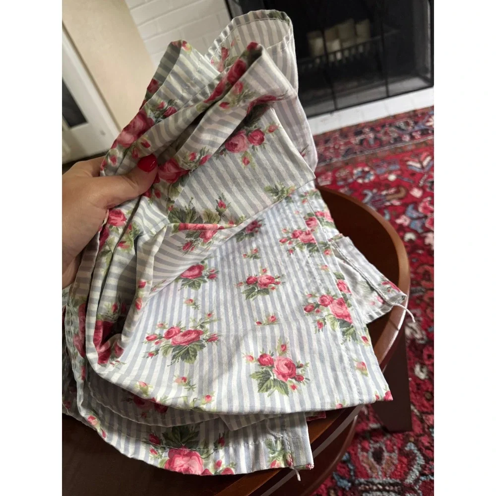 Vintage Ralph Lauren Emma Full Top Sheet White Stripe Pink Rose Floral Ruffle